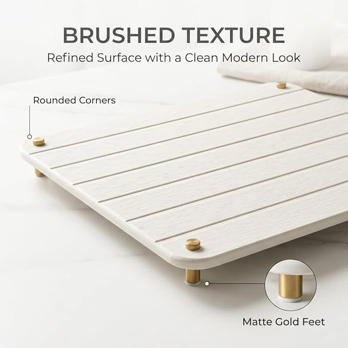 Razborci Stone Dish Drying Mat for Kitchen Counter, Water Absorbing Bathroom Tray Sink Organizer, Diatomaceous Earth Countertop Dish Rack Riser Sponge Holder Soap Dish, Gold White, 16" x 12"