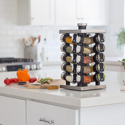 Orii 20 Jar Spice Rack with Spices Included & 5-Year Free Spice Refill Program - Tower Organizer for Kitchen Spices and Seasonings, (Silver Black)