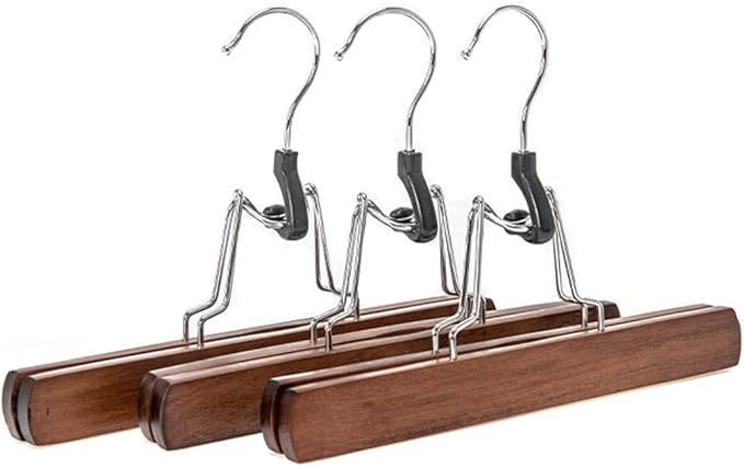 Wooden Skirt Hanger Wood Skirt Clip Non Slip 3 Pack Clothe Hanger Pant Hanger-Brown