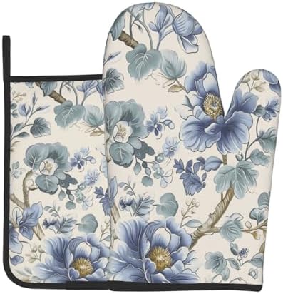 Chinoiserie Style Oven Mitts and Pot Holders Sets Blue Floral Trees Oven Mitts Heat Resistant Vintage Flowers Kitchen Gloves Hot Pads Two Piece Set for Cooking Baking Grilling BBQ by Unknown
