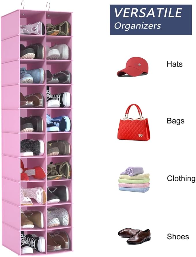 Libeder Hanging Shoe Organizer for Closet, Hanging Closet Organizers 20 Section Shoe Shelves, Space Saving Shoe Holder & Storage, Pink, 12''W×12''Dx 50''H