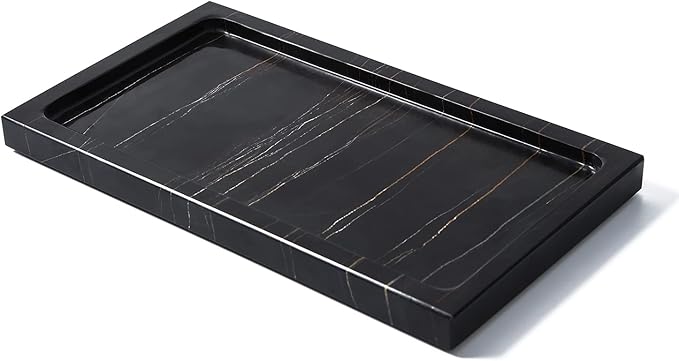 JIMEI Natural Real Marble Bathroom Vanity Tray Countertop 9'' Makeup Organizer for Dresser, Guest Towel Holder Tray Napkin Holder for Bathroom (Black)