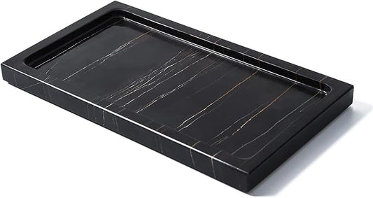 JIMEI Natural Real Marble Bathroom Vanity Tray Countertop 9'' Makeup Organizer for Dresser, Guest Towel Holder Tray Napkin Holder for Bathroom (Black)