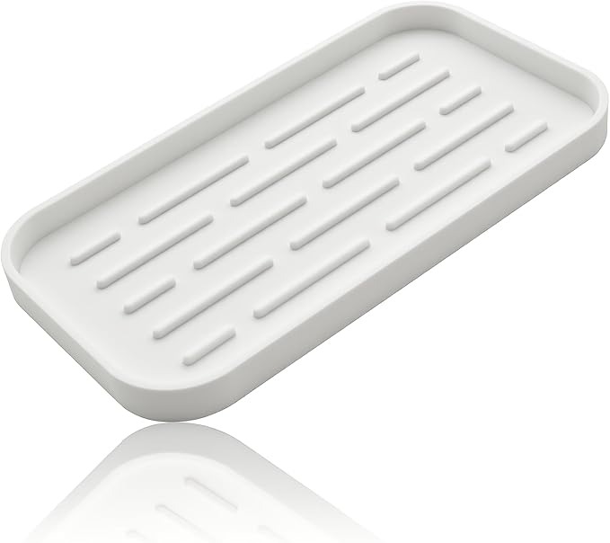 Silicone Organizer Tray, Soap and Sponge Holder for Kitchen Sink, Bathroom - Storage Tray for Dish Brush, Soap Dispenser, Dishwashing Accessories-(White 1 Pack, 10"x5.3")
