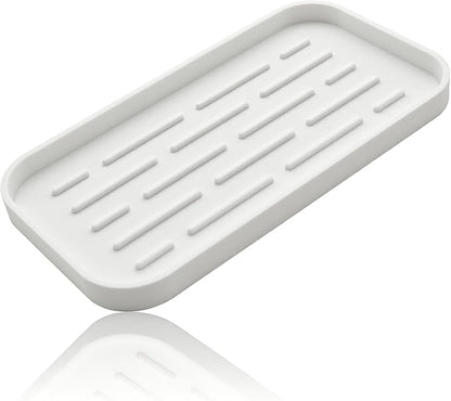Silicone Organizer Tray, Soap and Sponge Holder for Kitchen Sink, Bathroom - Storage Tray for Dish Brush, Soap Dispenser, Dishwashing Accessories-(White 1 Pack, 10"x5.3")