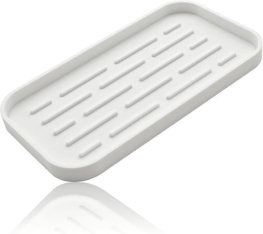 Silicone Organizer Tray, Soap and Sponge Holder for Kitchen Sink, Bathroom - Storage Tray for Dish Brush, Soap Dispenser, Dishwashing Accessories-(White 1 Pack, 10"x5.3")