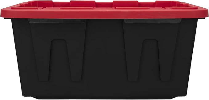 27-Gallon Storage Bin (2-Pack), Large Plastic Storage Container with Secure Snap-On Lid, Tote for Industrial and Home Organization, Black with Red Lid