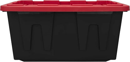 27-Gallon Storage Bin (2-Pack), Large Plastic Storage Container with Secure Snap-On Lid, Tote for Industrial and Home Organization, Black with Red Lid