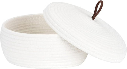 Sea Team Round Cotton Rope Storage Basket with Lid, Decorative Woven Storage Bin, Pot, Caddy, Organizer, Container for Snacks, Towels, Plants, 10 x 4.5 Inches (Small, Shallow, White)
