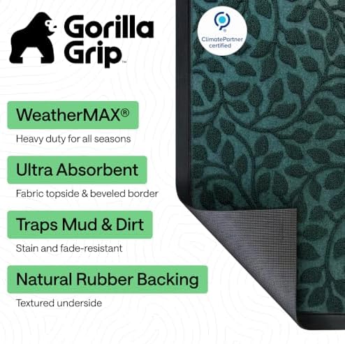 GORILLA GRIP WeatherMAX Door Mat, Indoor Outdoor Use, 29x17, Green Leaves - Image 2