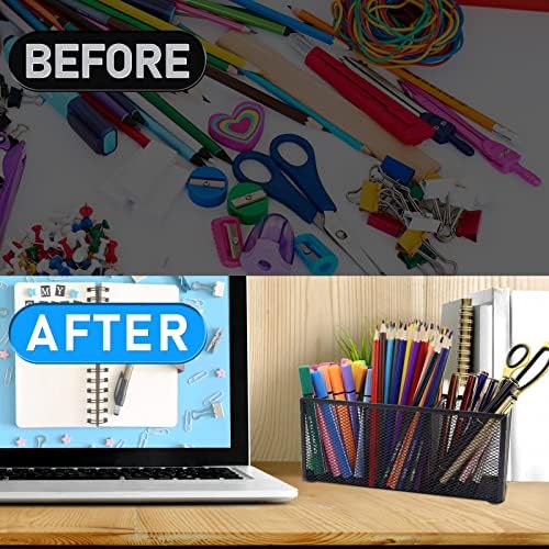 2PCS Black Mesh Pen Pencil Holder, Small Metal Desk Organizer Desktop Stationery Office Supplies Acessories Storage Stand, 3 Compartments Brushes Holder for Home School Classroom Teachers - Image 7