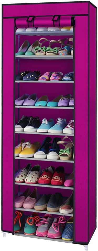 BNSPLY 10-Tier Non-Woven Fabric Shoe Rack, Large Shoe Shelf with Dustproof Cover, 2 side pockets Shoe Storage Cabinet Organizer for Closets, Bedrooms, Garages, Rose Red
