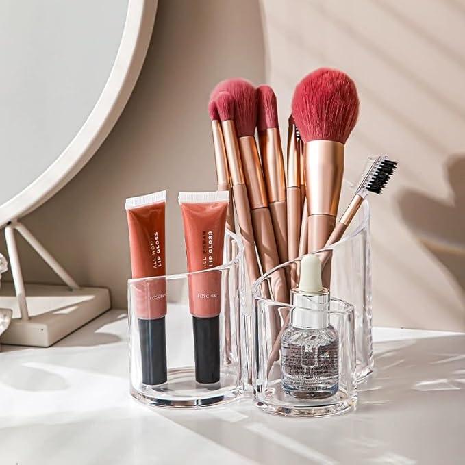 Acrylic Makeup Organizer Cosmetic Storage Display Case Makeup Brush Cotton Ball Pads Swab Q-tip Holder Lipstick Dispenser Canister Bathroom Container (5.5x5.3x4.6in, 3 Partitions, Clear)