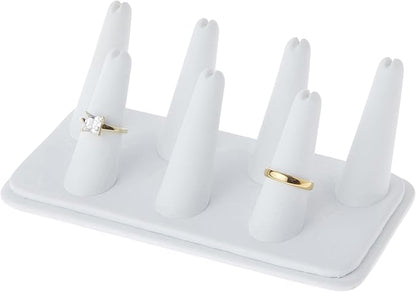 Plymor White Faux Leather Ring Finger Display, Seven on Rectangular Base, 6.75" W x 3.5" D x 2.25" H