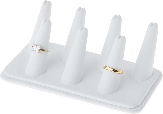 Plymor White Faux Leather Ring Finger Display, Seven on Rectangular Base, 6.75" W x 3.5" D x 2.25" H (Pack of 3)