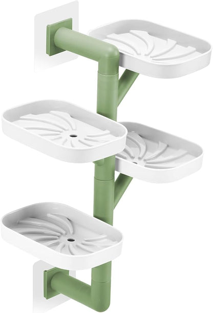 Soap Holder Four Layer Wall Mounted NO-Drilling Rotatable Self-draining Removable Soap Dish for Shower Bathroom Tray,Self Draining Sponge Holder,Razor Holder（White/Green）