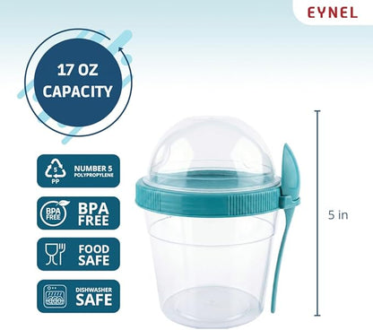 4 Pack 17 oz Small Breakfast On The Go Yogurt Parfait Cups, Reusable Plastic Containers with Lids and Spoons, Perfect Jars for Overnight Oats Cereal Granola Oatmeal (4 Colors Set)