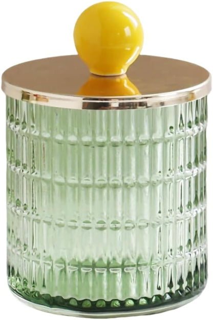 WAIT FLY Embossed Glass Cotton Swabs Dispenser with Lid Bathroom Cup Bathroom Vanity Organizer-Yellow