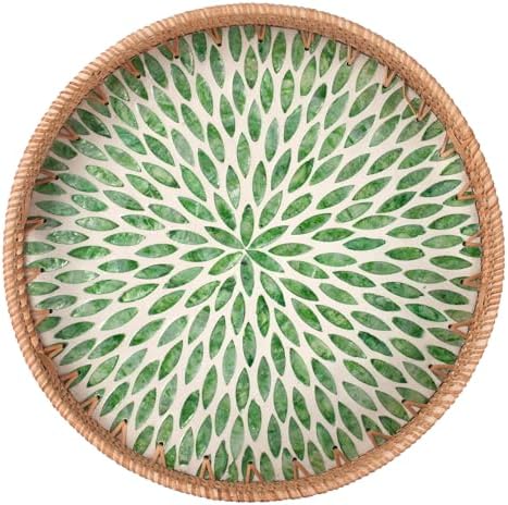 YANGQIHOME Round Serving Tray with Decorative Mother of Pearl Inlay, Woven Rattan Tray for Home Decor, Table Decor, Gifts, Dining, Food, Fruit, Coffee, 13.8 inch by YANGQIHOME