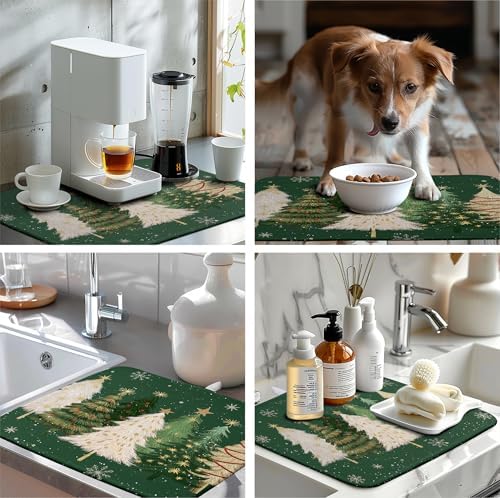 Green Christmas Tree Snowflakes Dish Drying Mat for Kitchen Counter 18x24 Inch Winter Xmas Holiday Dish Rack Mat Absorbent Microfiber Dish Draining Mat Reversible Drainer Pad - Image 7