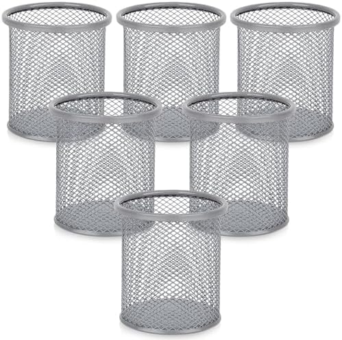 Segarty Pen Holder for Desk, 6 Pack Round Silver Pen Holder, Wire Mesh Pencil Cup Containers Set, Desktop Organizer for Office Supplies, School Classroom, Home, Makeup Brush by Segarty