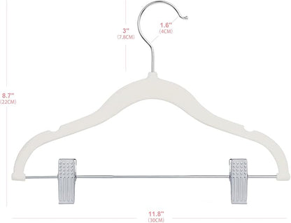 ManGotree 11.8'' Baby Velvet Hangers with Movable Clips, Non-Slip Kids Clothes Hangers, Ultra-Thin Space-Saving Children's Felt Hangers for Shirts, Pants, Dresses, Skirts, Jackets (16 Pack, White)