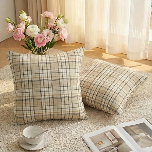 AVOIN colorlife Spring Summer Khaki White Plaid Decorative Throw Pillow Covers, 18 x 18 Inch Holiday Scottish Tartan Cushion Case Farmhouse Decoration for Sofa Couch Set of 2 - Image 6