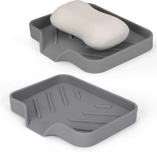 Silicone Soap Dish for Shower with Self Draining, 2 Pack Soap Holder for Bathroom, Silicone Sponge Holder for Kitchen Sink, Soap Tray for Dispenser, Scrubber, Bottle, 4.7"×3.9", Gray