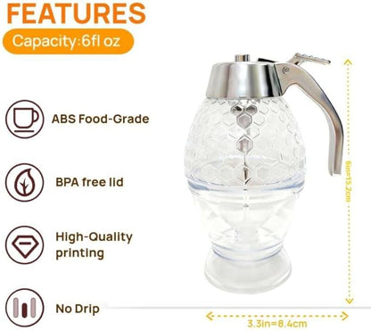 Honey Dispenser No Drip Honeycomb Design– 6 Oz with Airtight Seal, Food-Grade ABS Plastic Honey Pot with Stand, Lightweight Honey Container for Home & Gifting