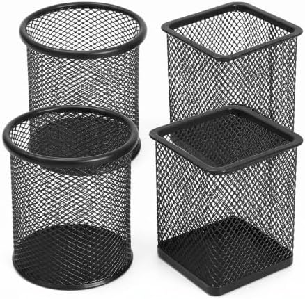 4 Pack Metal Pen Holder for Desk, 2 Square & 2 Round Mesh Pencil Cup Set by Unknown