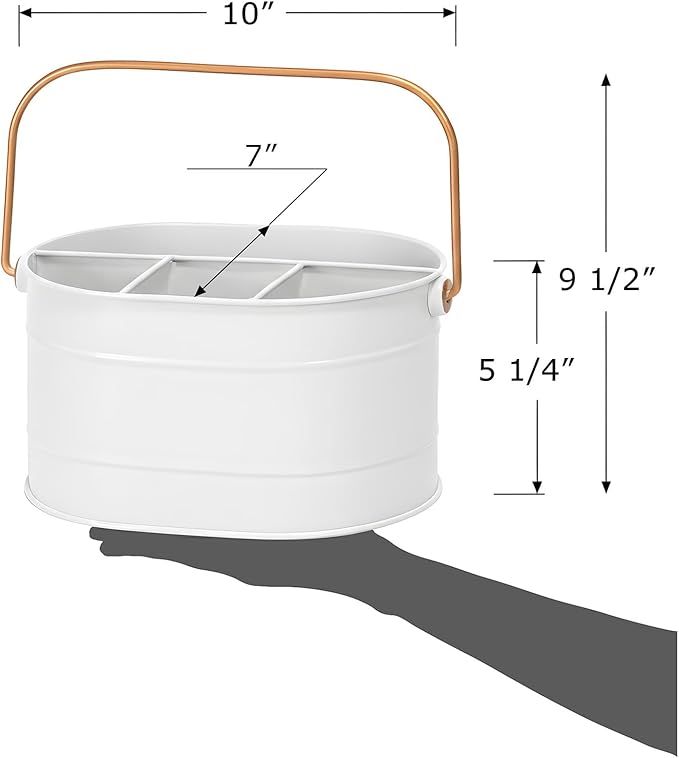 Red Co. 10" x 7" Enameled Metal Utensil Caddy & Countertop Flatware Organizer with Handle, Farmhouse White/Rose Gold