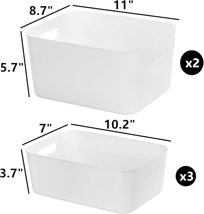 Peohud 5 Pack White Plastic Storage Bins, Pantry Organization and Storage Baskets with Handles, Open Plastic Storage Container for Home, Kitchen, Office, Shelves, Cabinet, Under Sink Organizer