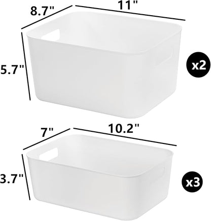 Peohud 5 Pack White Plastic Storage Bins, Pantry Organization and Storage Baskets with Handles, Open Plastic Storage Container for Home, Kitchen, Office, Shelves, Cabinet, Under Sink Organizer
