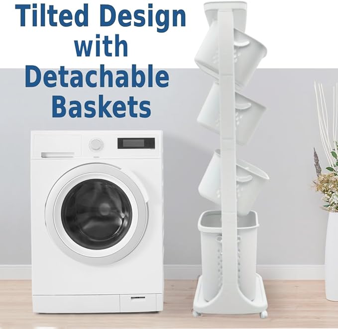 Japard 108 Liters Vertical Rolling Laundry Compact Hamper Ultra Slim, 4 Sorter Cart with Wheels and Breaks, 4-tier Baskets Detachable for Small Space, Dorm, Closet, Bathroom, Easy Assembly White Gray