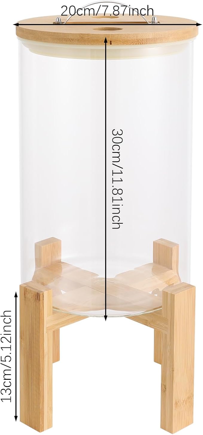 DYNAMI 8L/2.1Gal Glass Rice Storage Container with Airtight Lid,Glass Grain Container with Wood Stand and Thermometer,for Kitchen Organization Pantry Store