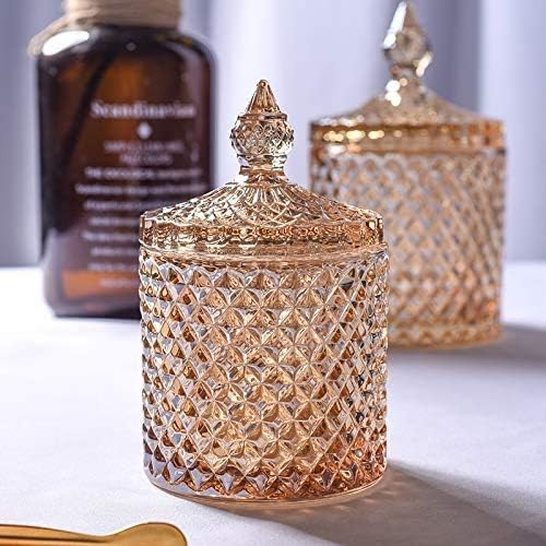 Colorful Home Decorative Jar Qtips Holder Dispenser Glass Storage Container Bathroom Counter Vanity Organizer for Bath Salts/Swabs/Rounds Makeup Sponges Toothpick Jewelry(Amber,20 oz)