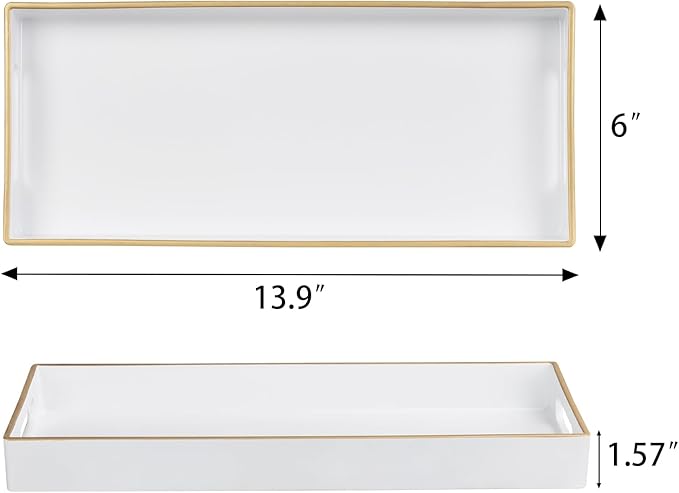 MAONAME White Vanity Tray, Plastic Decorative Tray, Rectangular Trays with Handles, Narrow Bathroom Trays for Toilet Tank, 13.8" X 6" X 1.57"