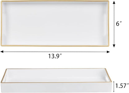 MAONAME White Vanity Tray, Plastic Decorative Tray, Rectangular Trays with Handles, Narrow Bathroom Trays for Toilet Tank, 13.8" X 6" X 1.57"