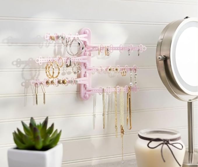 All Hung Up 6-Tier Wall Jewelry Organizer Wall Mounted Jewelry Organizer Earring Holder Wall Mount Hanging Necklace Organizer Jewelry Hanger Hanging Necklace Holder Organizer Display (Pink)