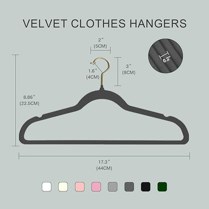 36 Packs Velvet Clothes Hangers, 17.3 Inches Non-Slip Skirt Hangers, Sturdy Dresses Hangers with Shoulder Notches, Space Saving Clothing Hangers for Adults, Dark Gray with Gold Hook