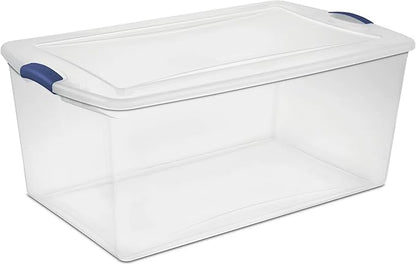 Extra Large Latching Storage Bin with Clear Lid, 105 Quart Clear Plastic Storage Container, Secure Blue Latches for Home, Garage, and Toy Organization
