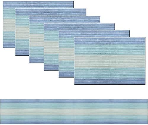 PIGCHCY Placemats Set of 6 and Table Runner,Heat Resistant Vinyl Woven Washable Table mats Sets (6 Placemats+1 Table Runner, Coastal Blue) by PIGCHCY