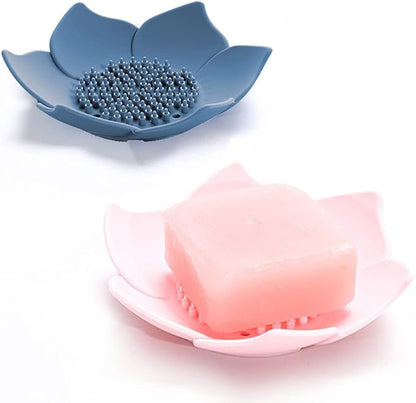 Soap Dishes with Draining, Bathroom Bar Soap Holder for Shower, Soap Tray for Kitchen Sink, Silicone Flower Shape Soap Saver for Counter, Bathtub. Extend Soap Life, Easy Dry (2 Pack, Pink + Blue)