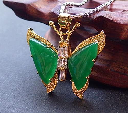 Yellow Gold Plate CHINESE Green JADE Pendant Butterfly Diamond Imitation 100790, 33mm X 23mm X 7mm