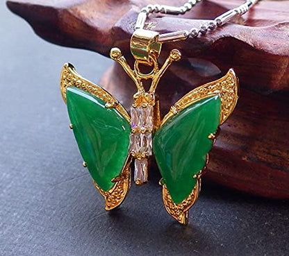 Yellow Gold Plate CHINESE Green JADE Pendant Butterfly Diamond Imitation 100790, 33mm X 23mm X 7mm