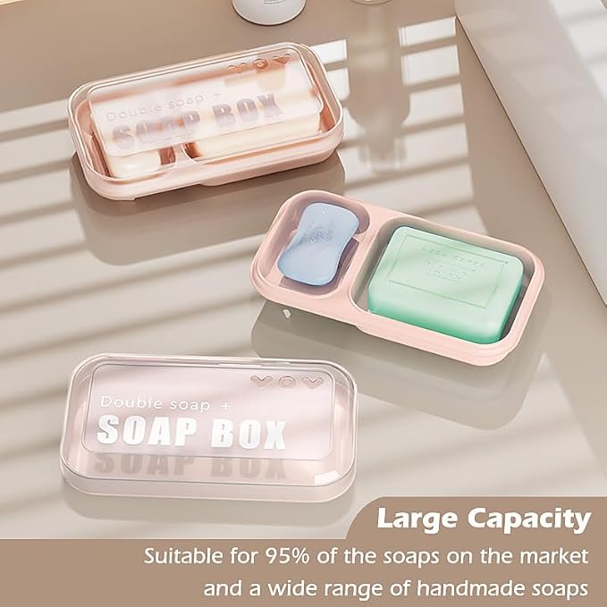 AIDIMMING Large Dual Compartment Soap Dish with Lid & Drain Holes | Large Capacity Shower Organizer, Non-Slip Bathroom Soap Holder for 2 Bars - Durable PP Plastic, Prevents Melting (Pink)