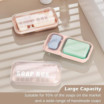 AIDIMMING Large Dual Compartment Soap Dish with Lid & Drain Holes | Large Capacity Shower Organizer, Non-Slip Bathroom Soap Holder for 2 Bars - Durable PP Plastic, Prevents Melting (Pink)