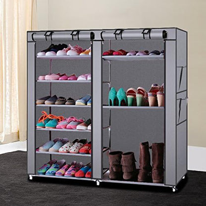 Free Standing Shoe Cabinet Double Rows 12 Lattices Combination Style Shoe Cabinet with Nonwoven Fabric Cover for Bedroom Entryway Hallway Living Room，Grey