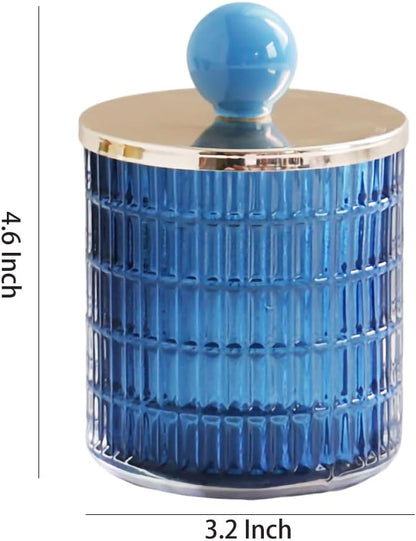 WAIT FLY Embossed Glass Cotton Swabs Dispenser with Lid Bathroom Cup Bathroom Vanity Organizer-Blue