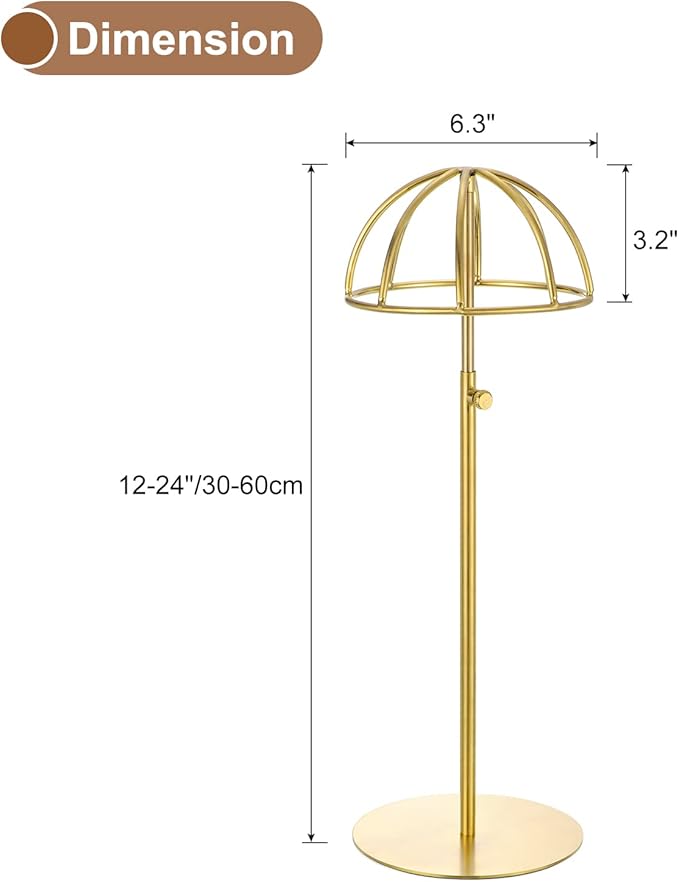uxcell Metal Hat Display Stand 2 Pack Adjustable Tabletop Hat and Wig Rack Holder for Baseball Cap, Fedora Hat, Cowboy Hat - Gold